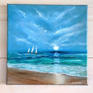 Original New Painting Seascape Beach Sailboats Moon 10X10 Acrylic Signed Canvas